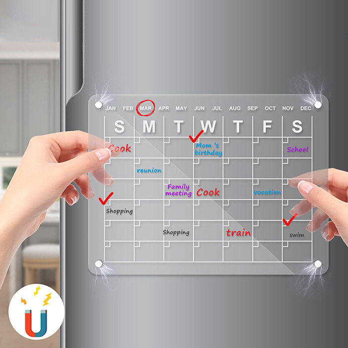 Place the magnetic whiteboard on the fridge and organise your commitments and activities in the whiteboard, and write reminders, menus, shopping lists and notes on the blank whiteboard!