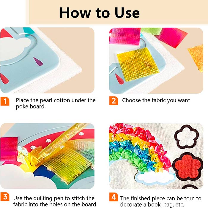 10 animal cards, a paint stick and 600 pieces of multi-coloured fabric to insert into the card slots!