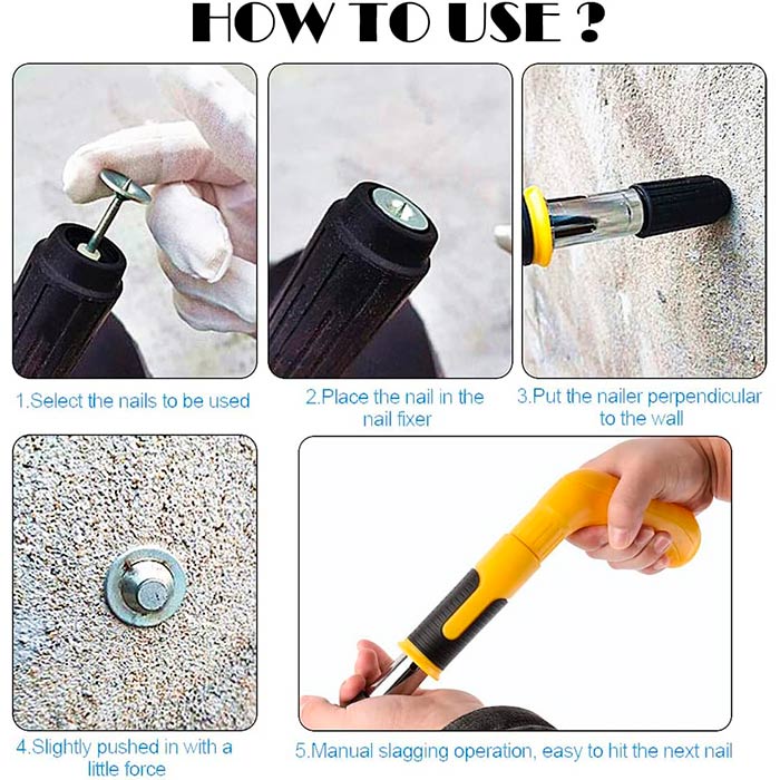 The comprehensive set includes a pneumatic gun, glove, goggles, earplugs, wrench, brush and 10 nails.