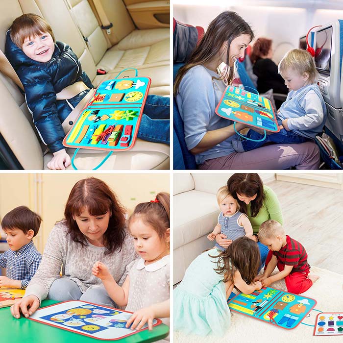 The sensory toy offers 7 activities – learning about shapes, the alphabet, a drawing board, colours, numbers, a jigsaw puzzle with motifs from space and basic life skills (tying shoes, zipper, button, etc.).