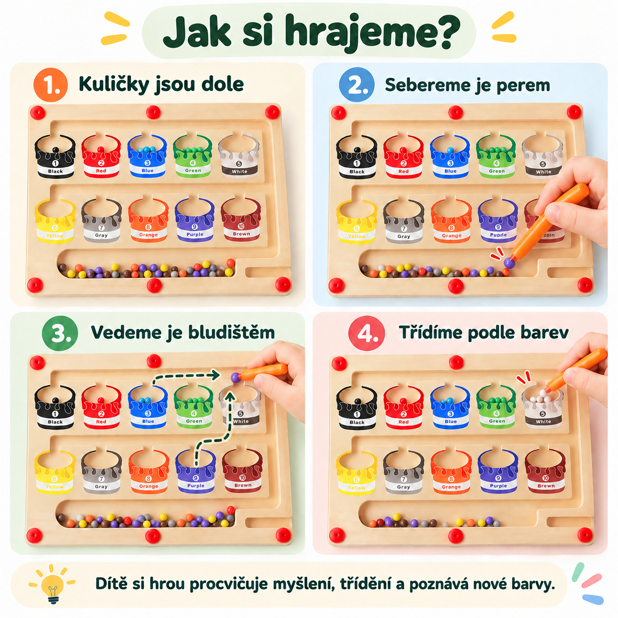 A child uses a toy to learn thinking and sorting skills and to learn new colours!